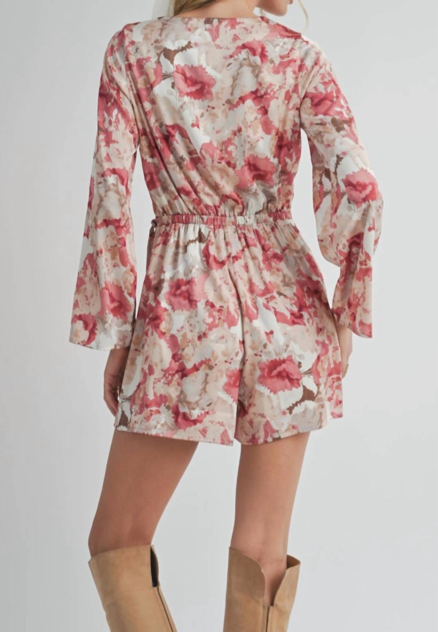 Sadie & Sage Women's Surplice Overlap Floral Romper in white red - women's dress - detail view