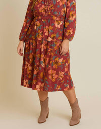 Gilli - Round Neck Front Tie Floral Midi Dress - Plus