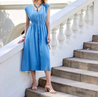 Karen Kane - Cap Sleeve Smocked Waist Button-up Midi Dress - Petite