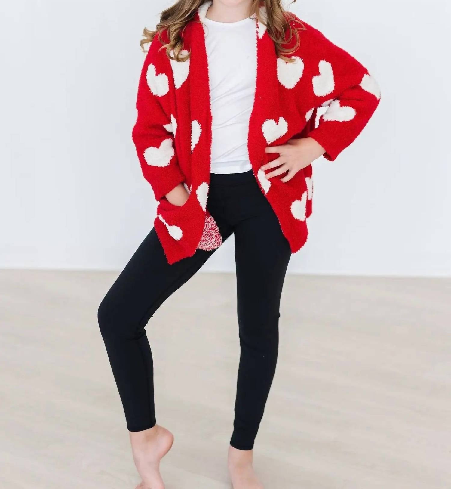 Mila & Rose Girls Heart Cozy Cardigan in red coconut - kids' sweater