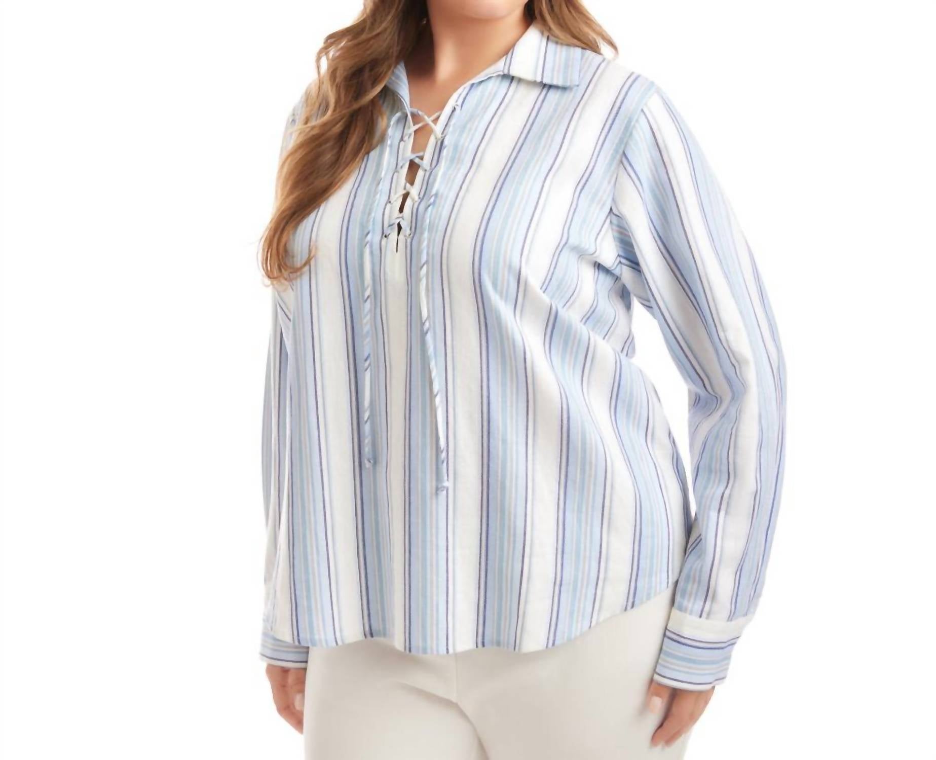 Karen Kane Eyelet Lace Up Top - Plus in stripe - women's long sleeve top - view 4