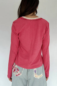 POL Lace-trim Henley Top in raspberry - women's cardigan - detail view