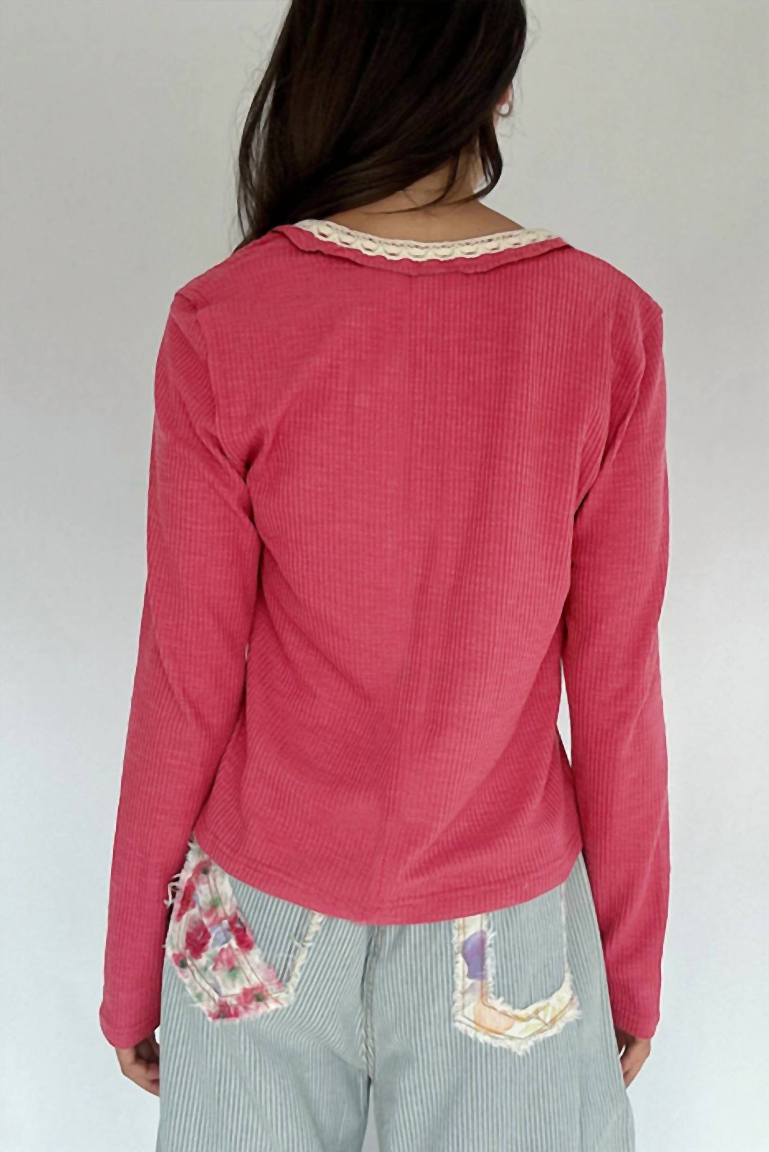 POL Lace-trim Henley Top in raspberry - women's cardigan - detail view