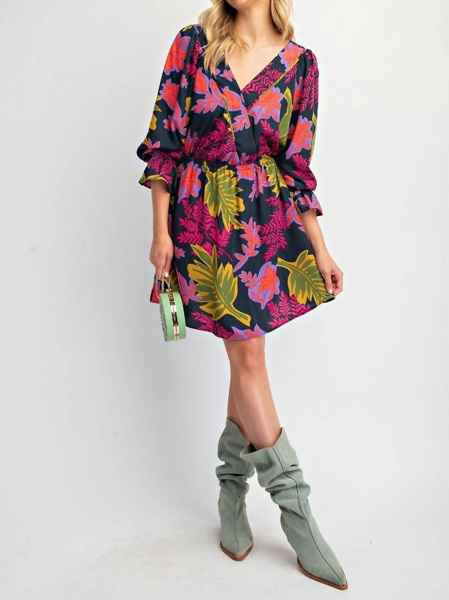 Easel - Printed Wool Peach Woven Surplus Mini Dress