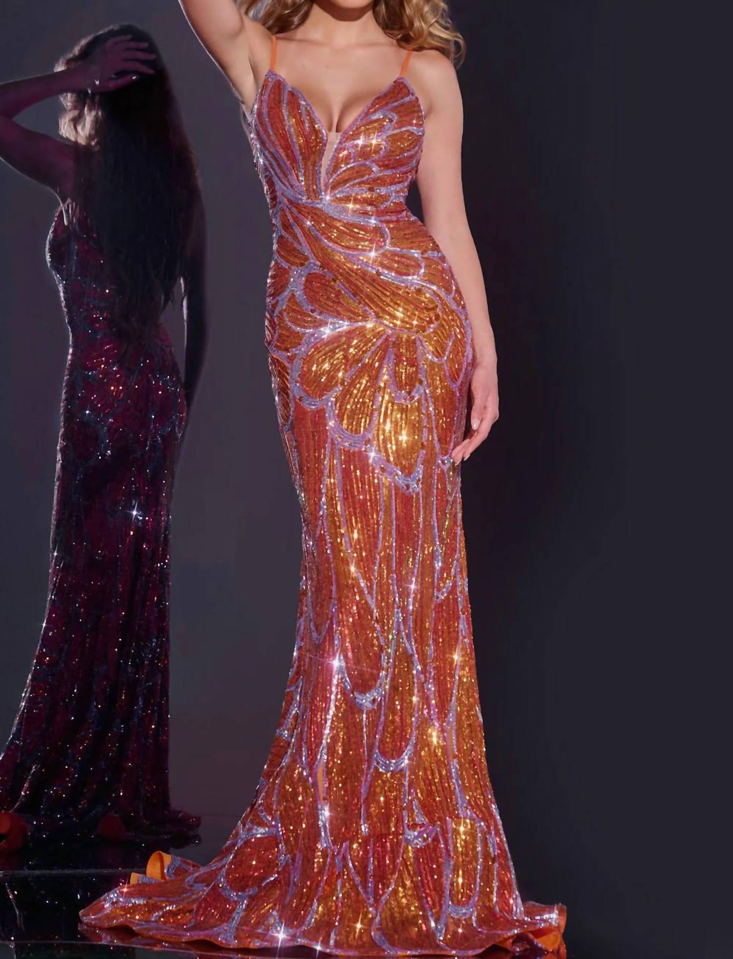 Jovani - Sequin Plunging V-neck Gown