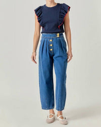 English Factory - Contrast Merrow Detail Ruffled Knit Top