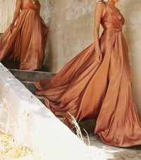 Ladivine Long Satin V-neck Dress in sienna - women's dress - detail view
