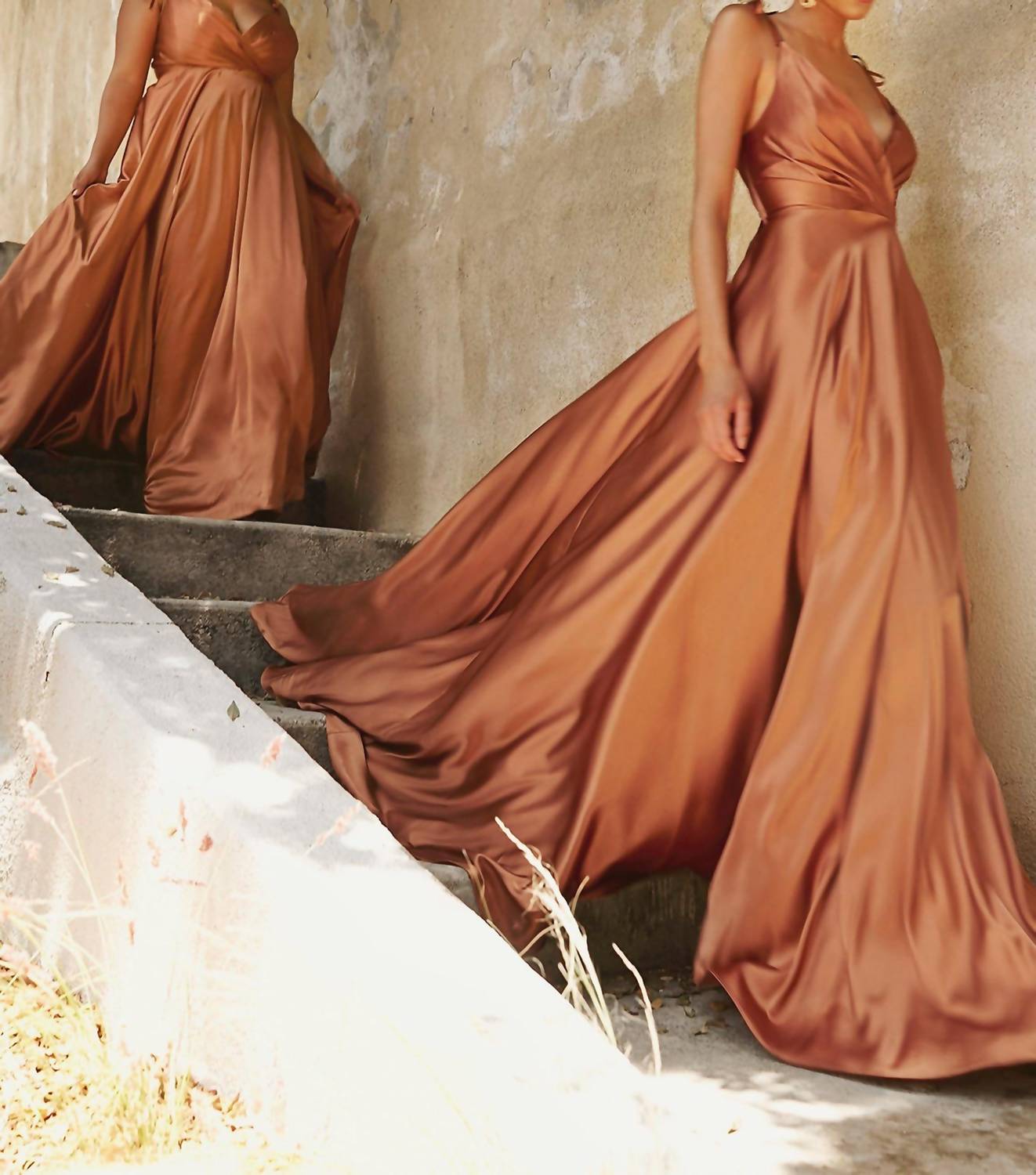 Ladivine Long Satin V-neck Dress in sienna - women's dress - detail view
