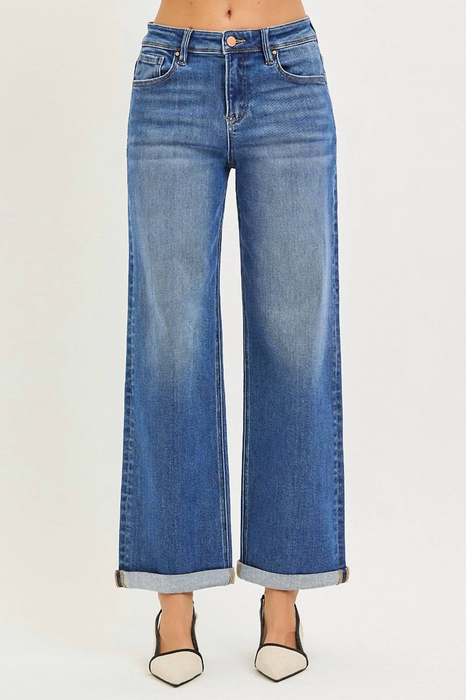 RISEN High Rise Relaxed Fit Ankle Straight Jeans in medium wash - women's jeans