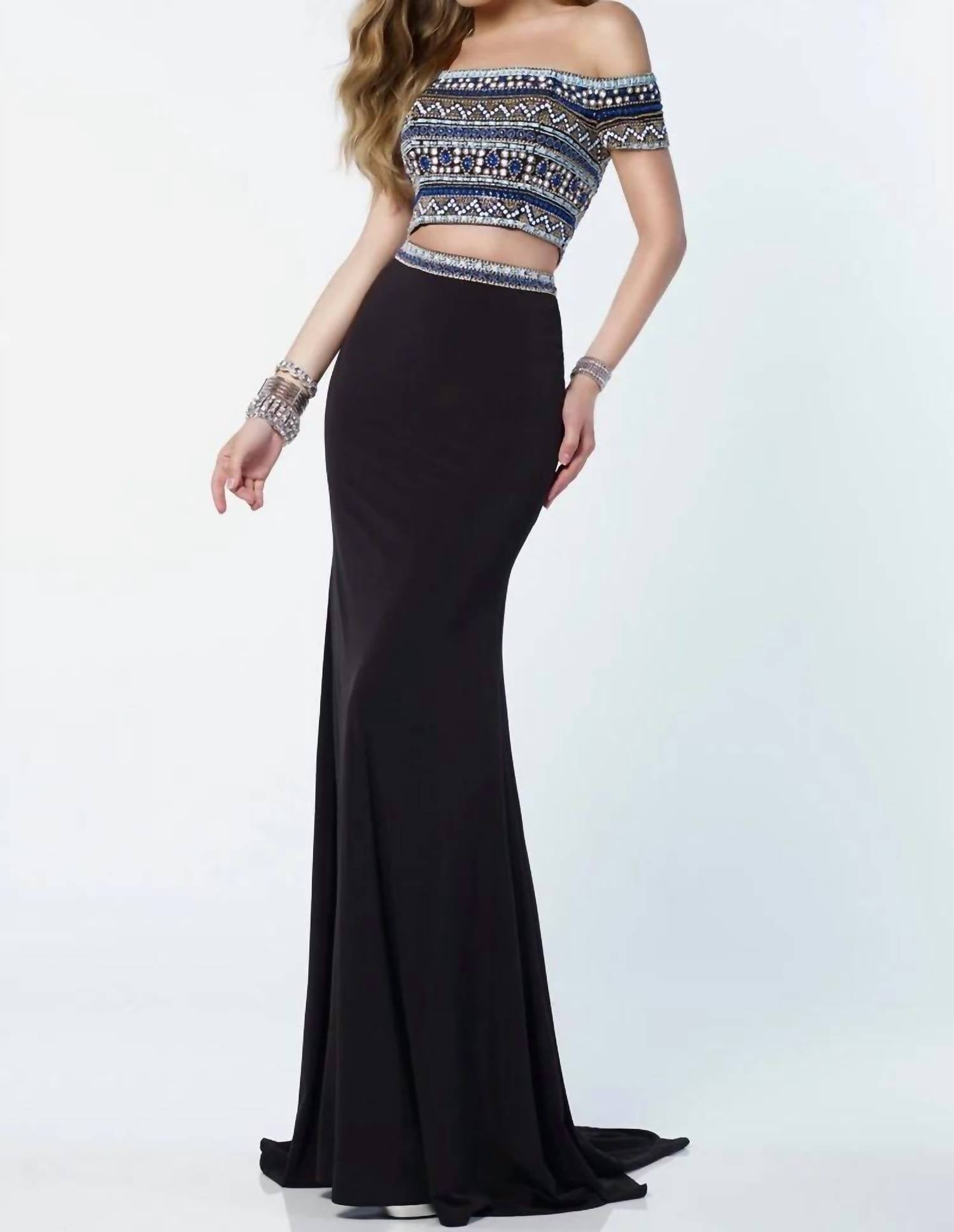 ALYCE PARIS Two Piece Off The Shoulder Embellished Gown in black multi - women's dress