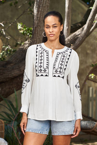 Paparazzi - Embroidered Rayon Crinkle Yoked Blouse