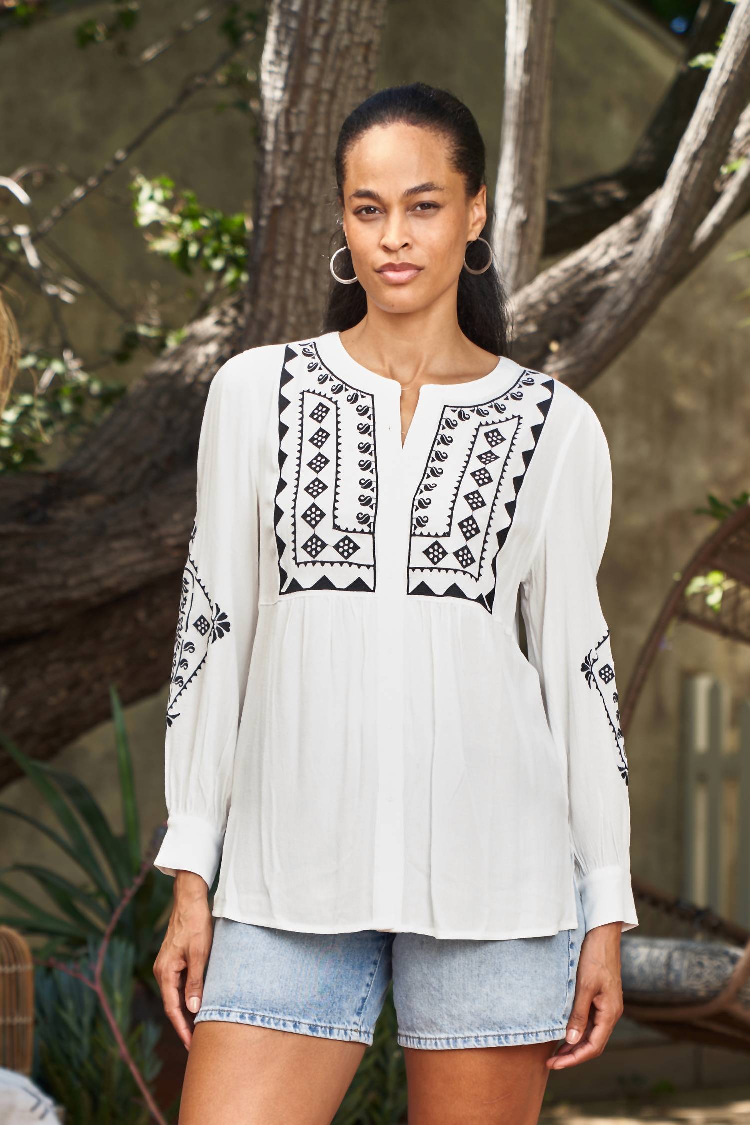 Paparazzi - Embroidered Rayon Crinkle Yoked Blouse