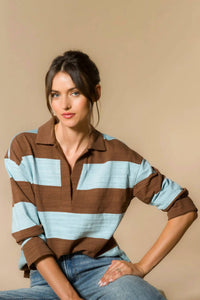 Velvet Heart Sailor Rugby Stripe Top in blue brown - women's long sleeve top - alternate view