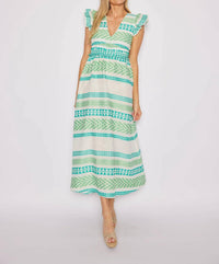SAIL to SABLE V-neck Flutter Sleeve Maxi Dress in green multi stripe - women's dress
