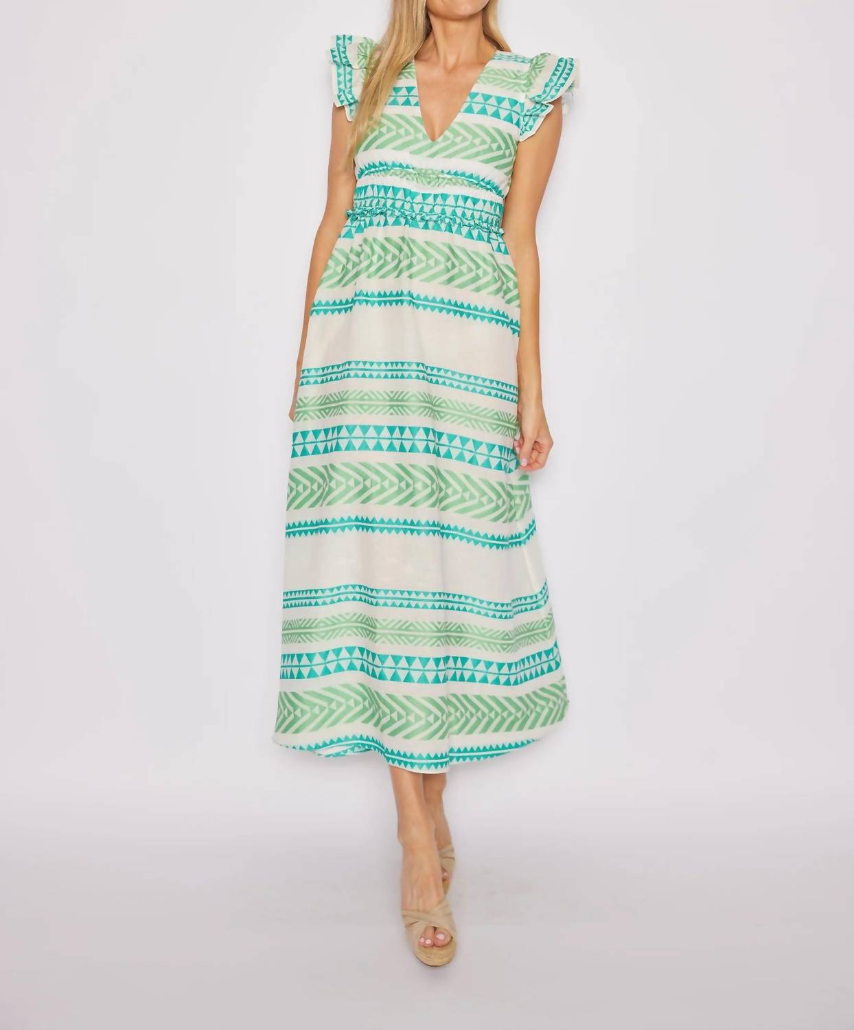 SAIL to SABLE V-neck Flutter Sleeve Maxi Dress in green multi stripe - women's dress