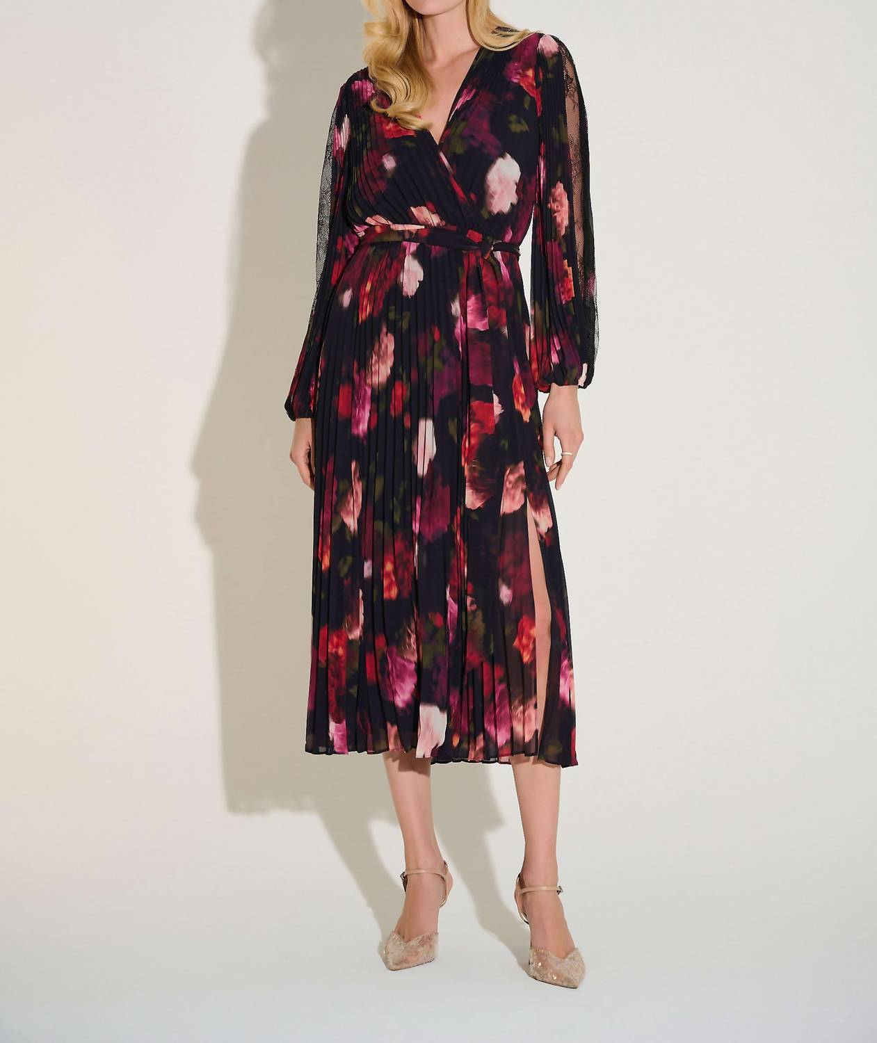 Joseph Ribkoff - Pleated Chiffon Floral Fit & Flare Dress