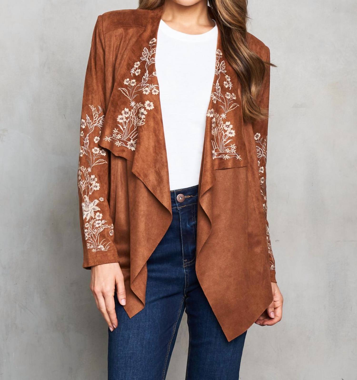 Paparazzi - Faux Suede Embroidered Open Front Short Jacket