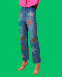 Blue B Nellie Star Bedazzled Wide Leg Jeans in denim - women's pants - detail view