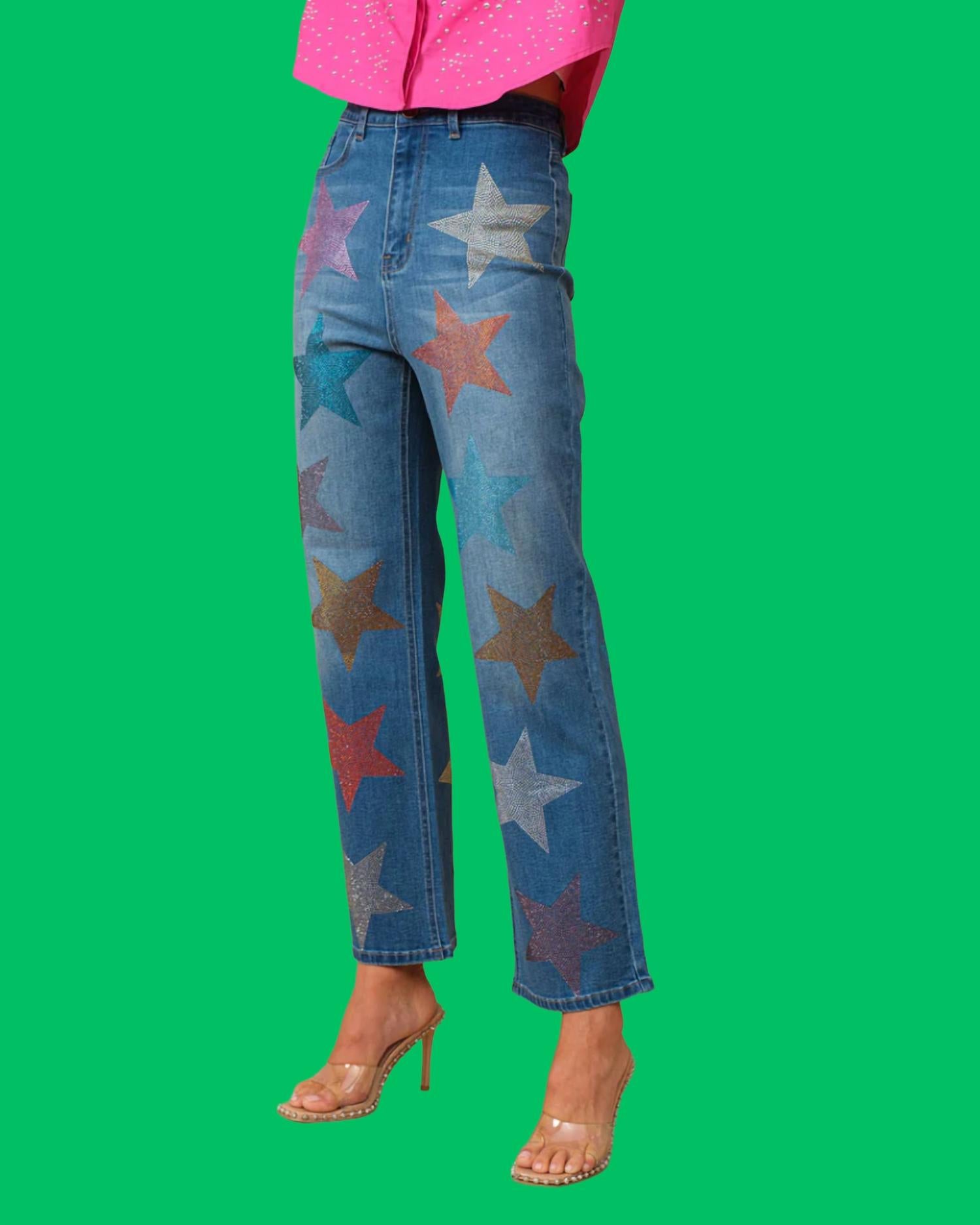 Blue B Nellie Star Bedazzled Wide Leg Jeans in denim - women's pants - detail view