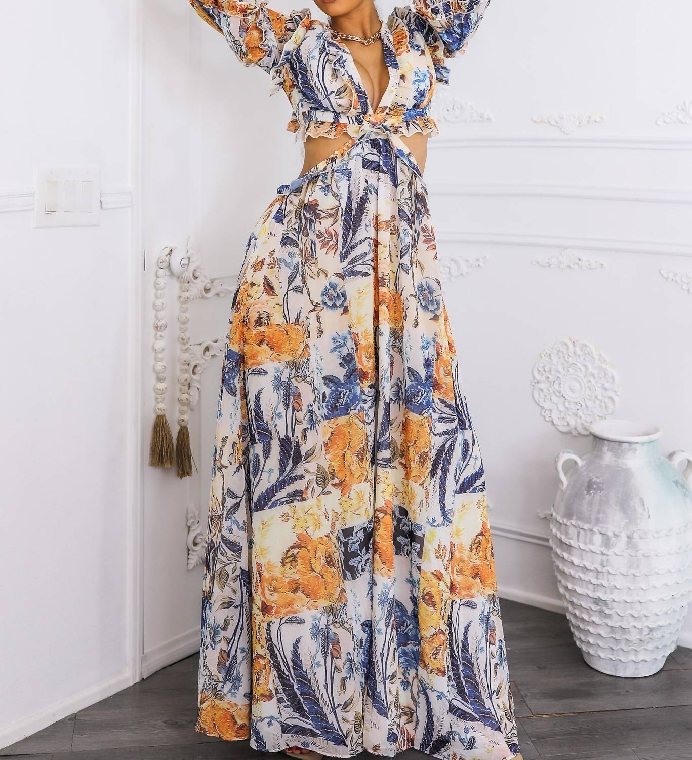 SurelyMine Boho Floral Cutout Lace-up Maxi Dress in cream - women's dress - view 7