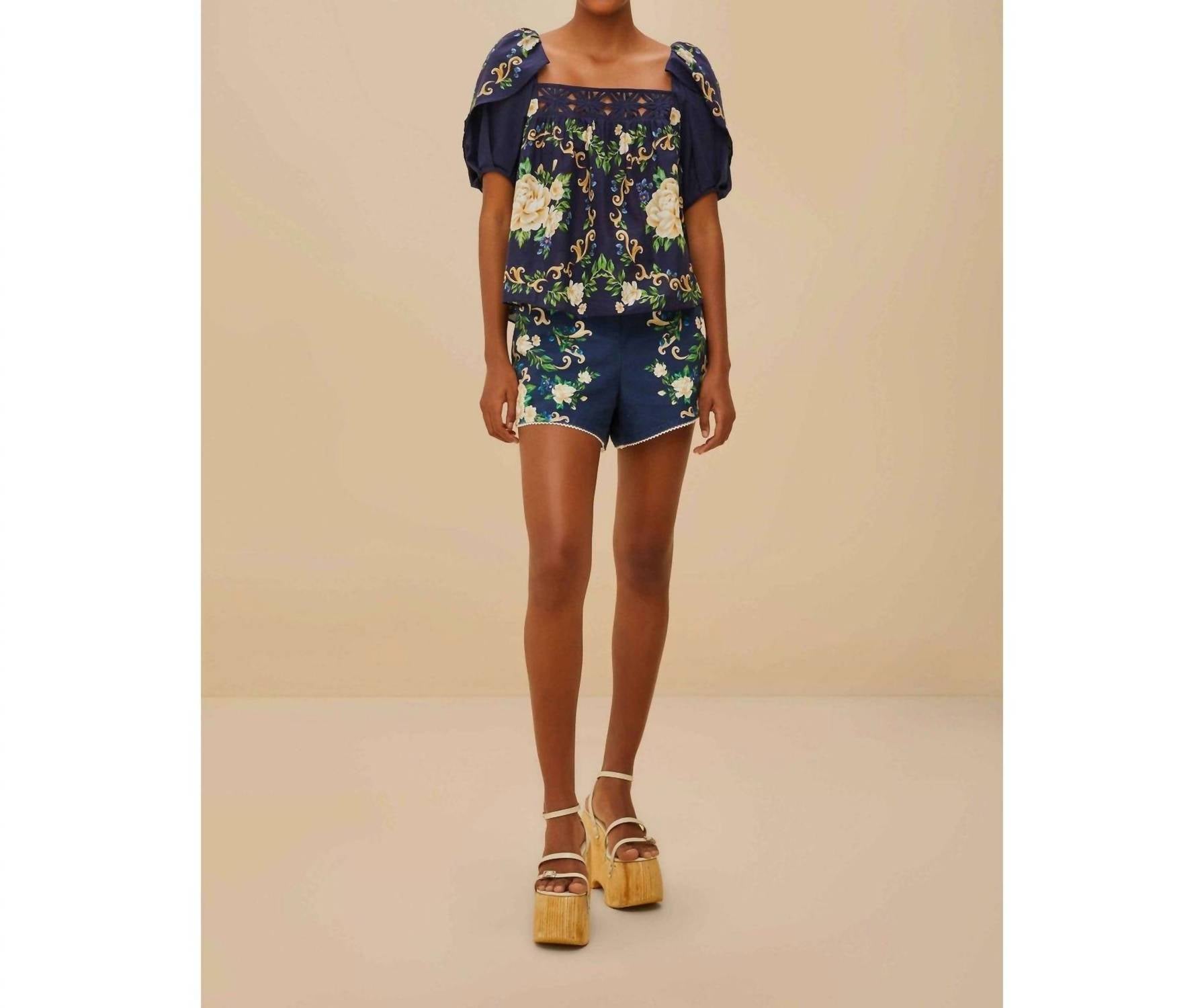 Farm Rio - Flower Tapestry Square Neck Yoke Blouse