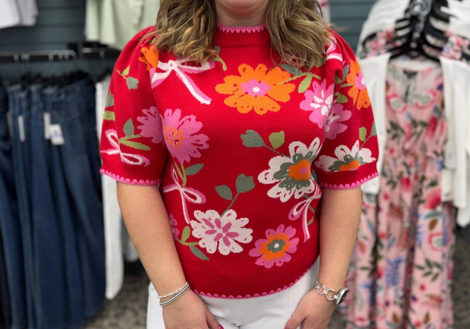 THML Short Sleeve Floral Detail Knit Top in red - women's blouse