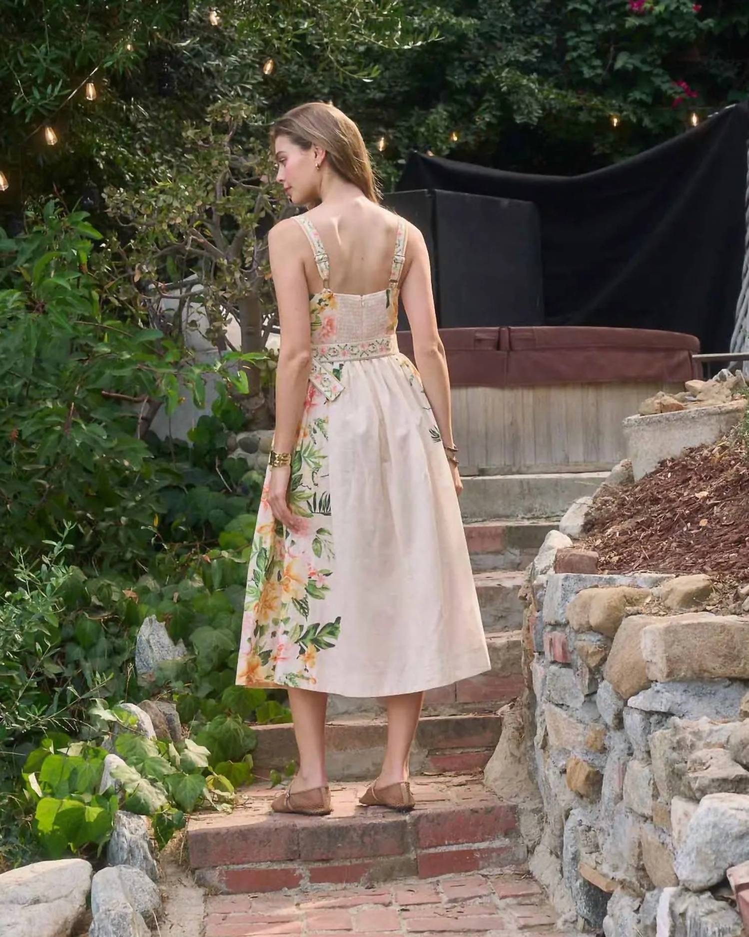 Moon River - Sleeveless Square Neck Floral Print Dress With Belt Detail