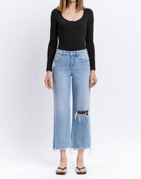 LOVERVET High Waist Crop Distressed Knee Jeans in light wash - women's jeans