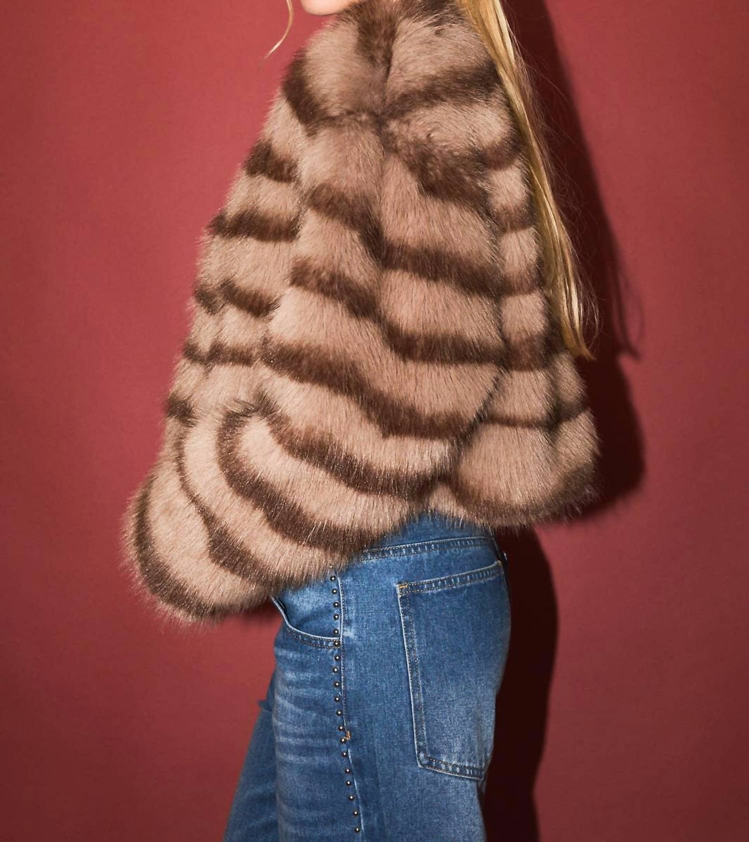 LE LIS Evie Faux Fur Crop Coat in mocha brown stripe - women's jacket - detail view