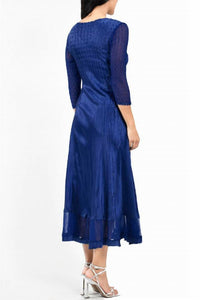 Komarov - 3/4 SLEEVE SOLID BLUE PLEAT DRESS w/ Lace SLEEVES