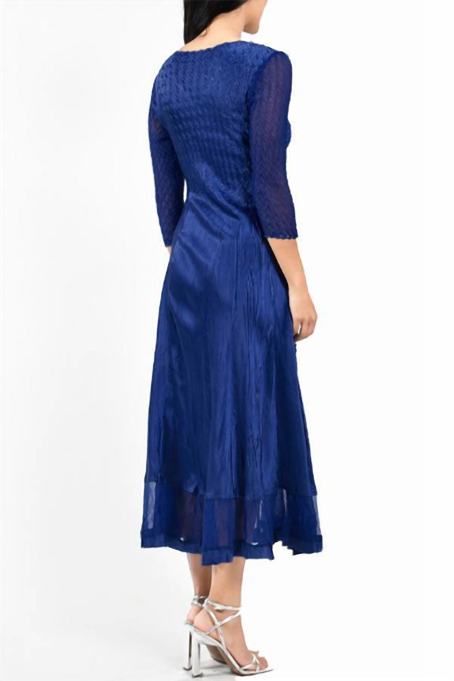 Komarov - 3/4 SLEEVE SOLID BLUE PLEAT DRESS w/ Lace SLEEVES