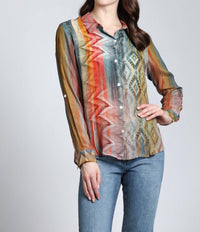 Apny - Waves & Rhombus Print Button Up Blouse