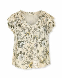 Elan - Leaf Print Ruffle Sleeve Top Tie Front Blouse