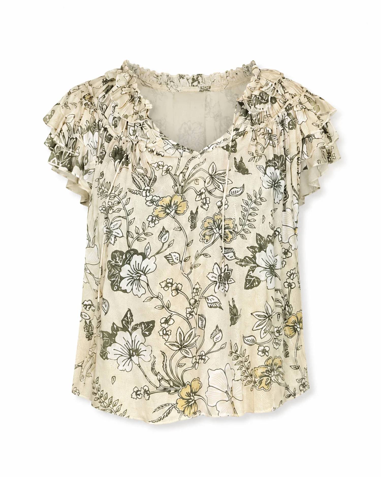 Elan - Leaf Print Ruffle Sleeve Top Tie Front Blouse