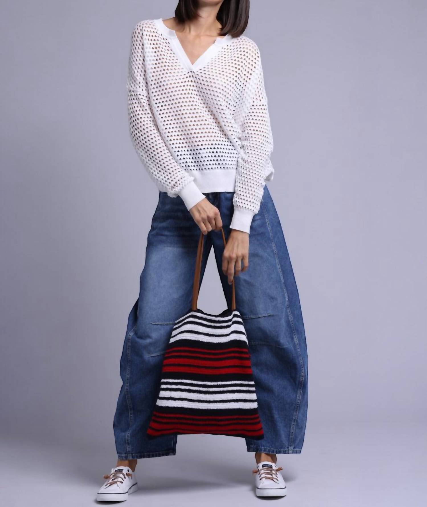 Minnie Rose - Plaited Mesh Split Neck Top