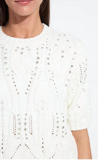 Lysse Hadley Cozy Short Sleeve Embellished Cable Sweater in snow white - women's sweater - detail view
