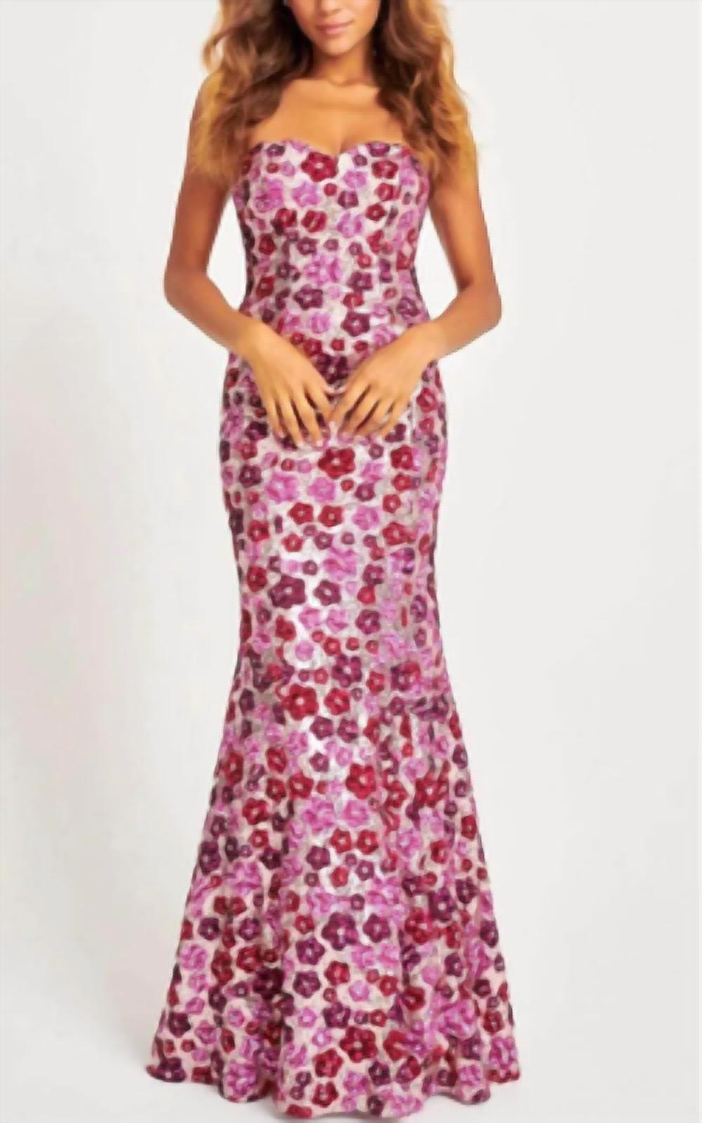 FAVIANA Strapless Sequin Mermaid Dress With Colorful Floral Design in pink - women's dress