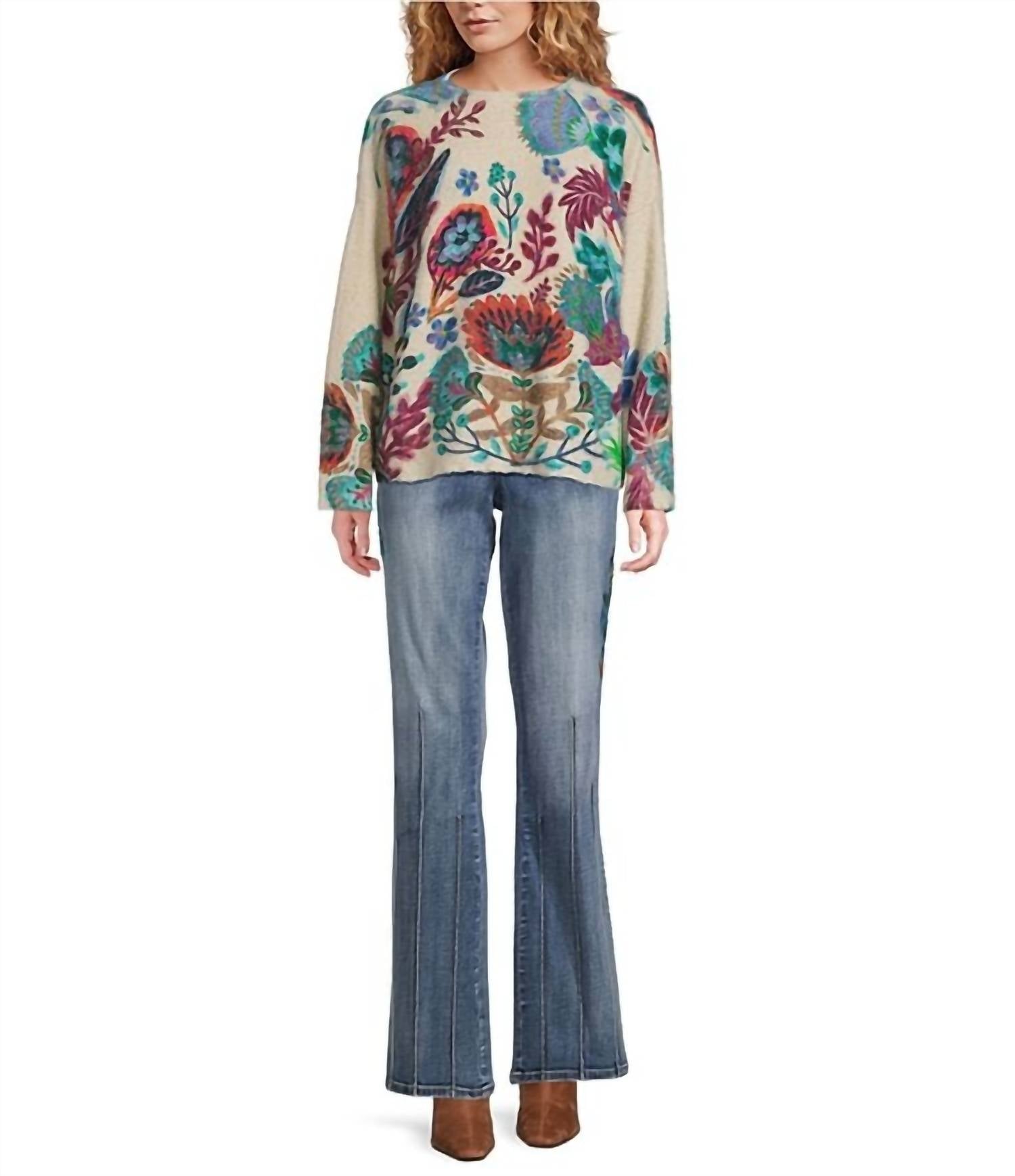 Tru Luxe - Botanical Print Eyelash Funnel Neck Long Sleeve Sweater