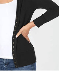 ZENANA Snap 3/4 Sleeve Cardigan in black - women's cardigan - detail view