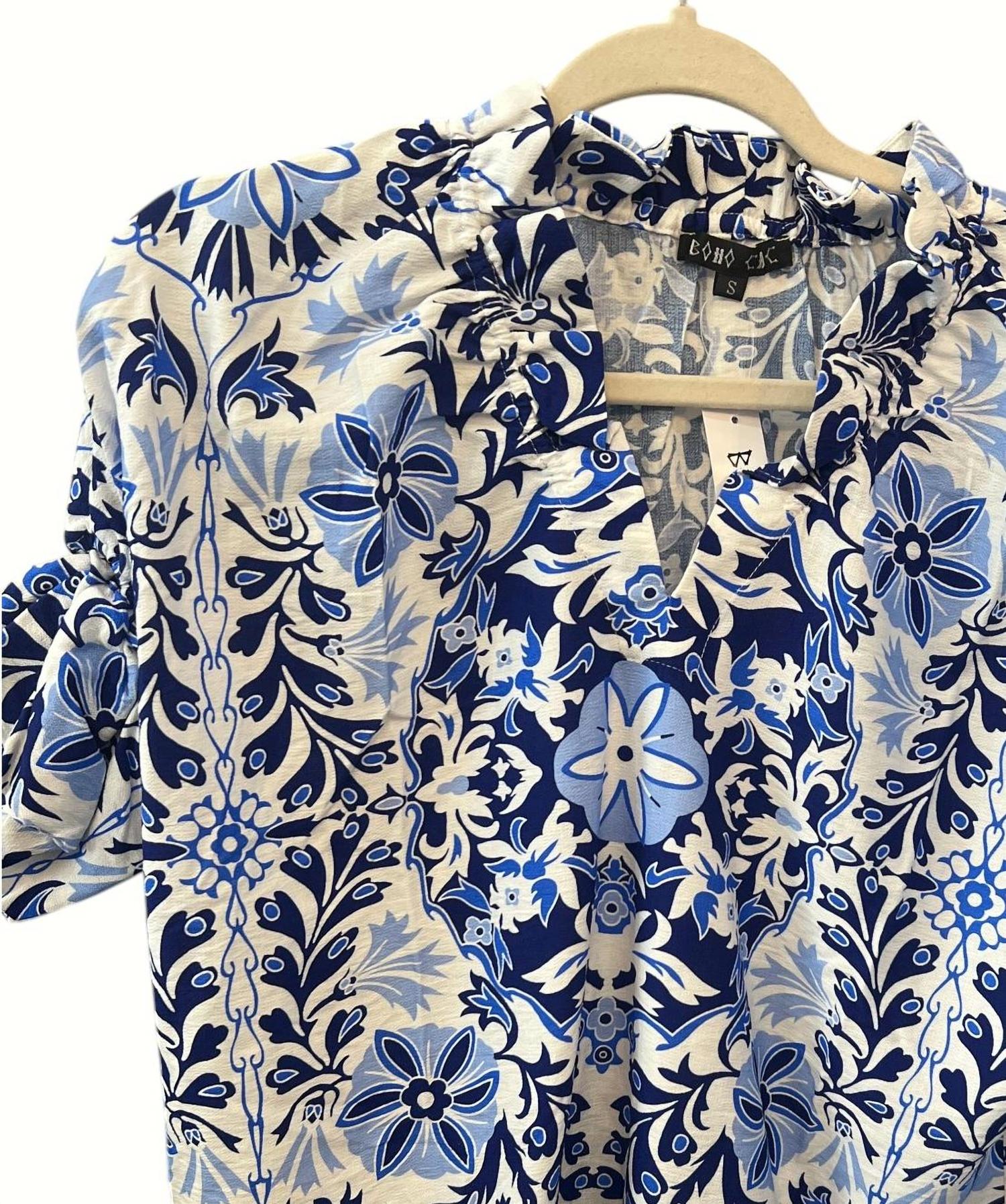 Boho Chic - Women's Floral Print Ruffle Neck Top