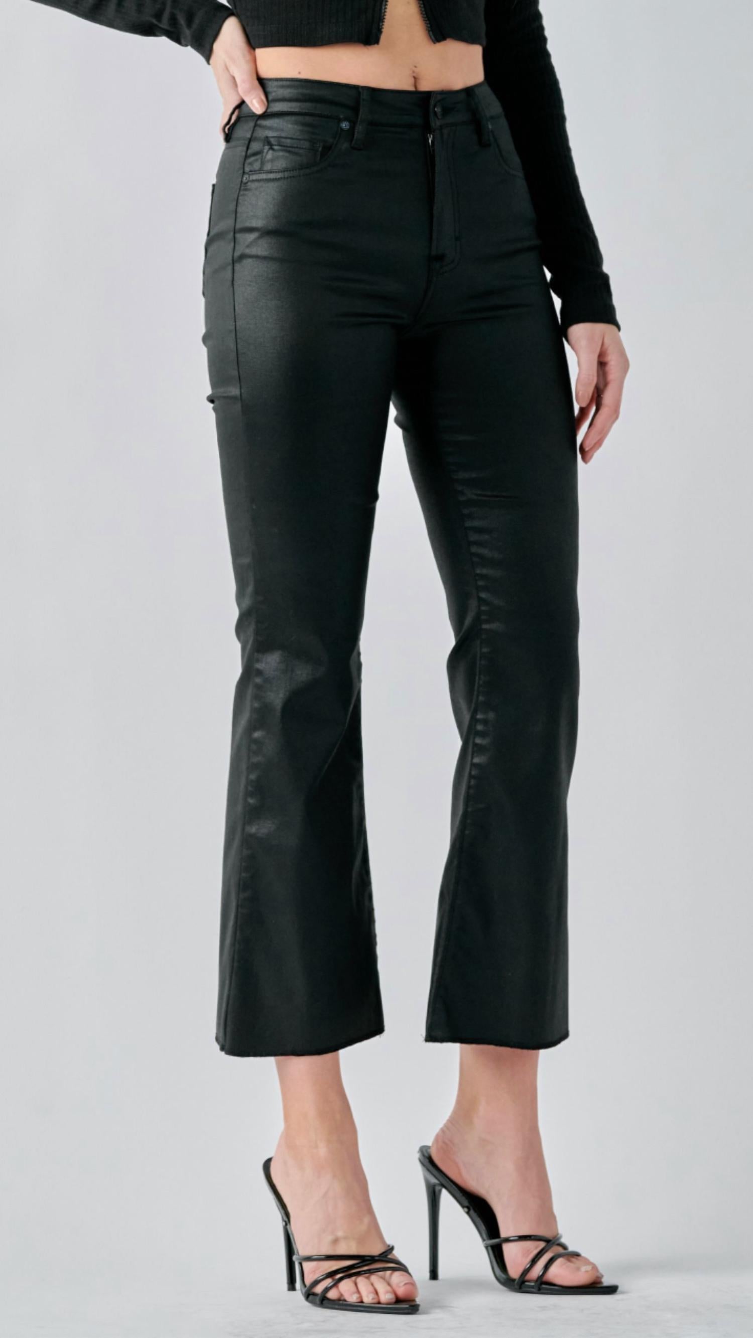 HIDDEN High Rise Coated Crop Flare Jeans in black - women's jeans - detail view