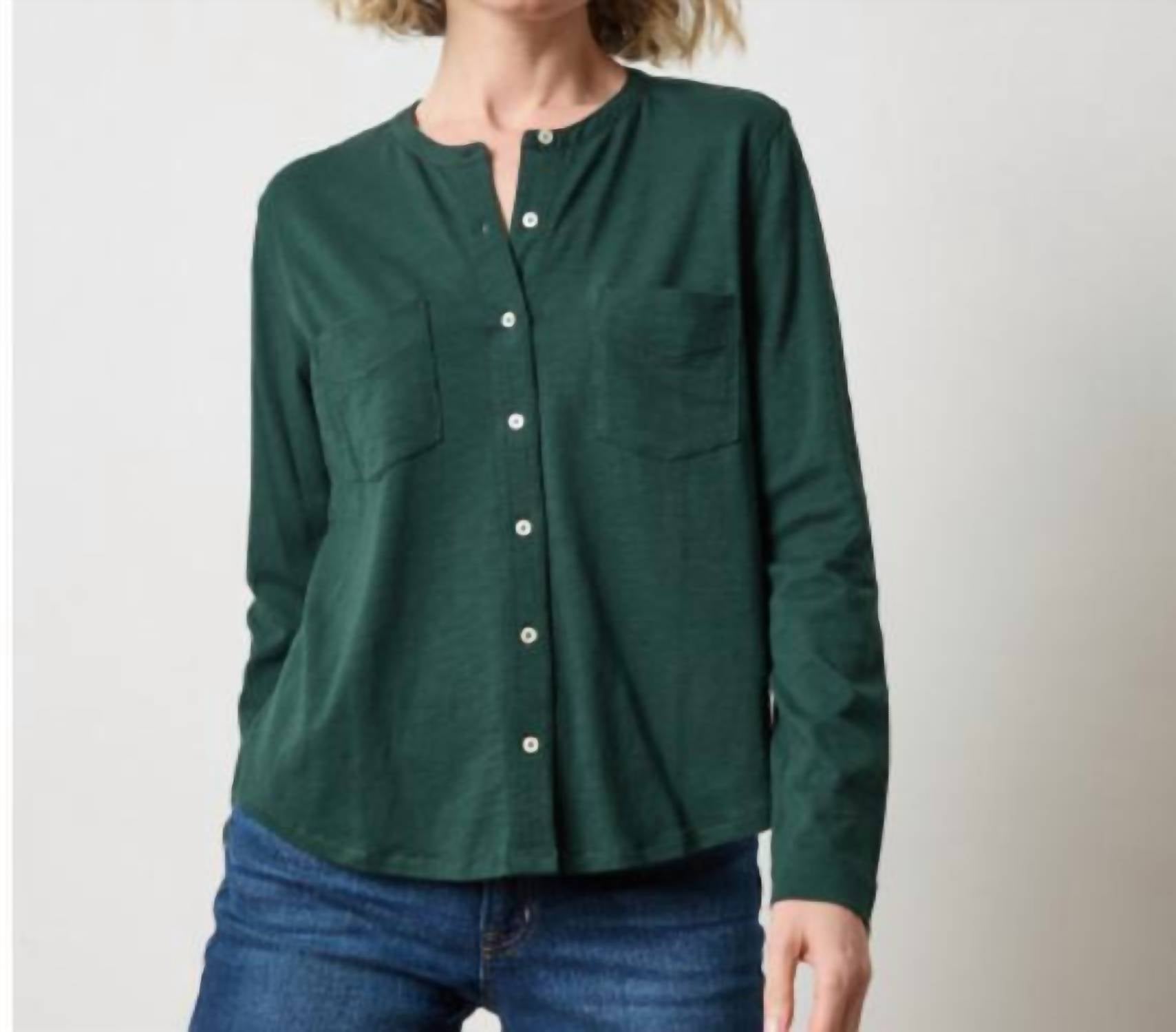 Lilla P Mandarin Collar Button Down Shirt in spruce - women's shirt - detail view