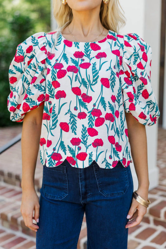 Entro - Floral Scallop Hem Top With Oversized Drape Sleeve