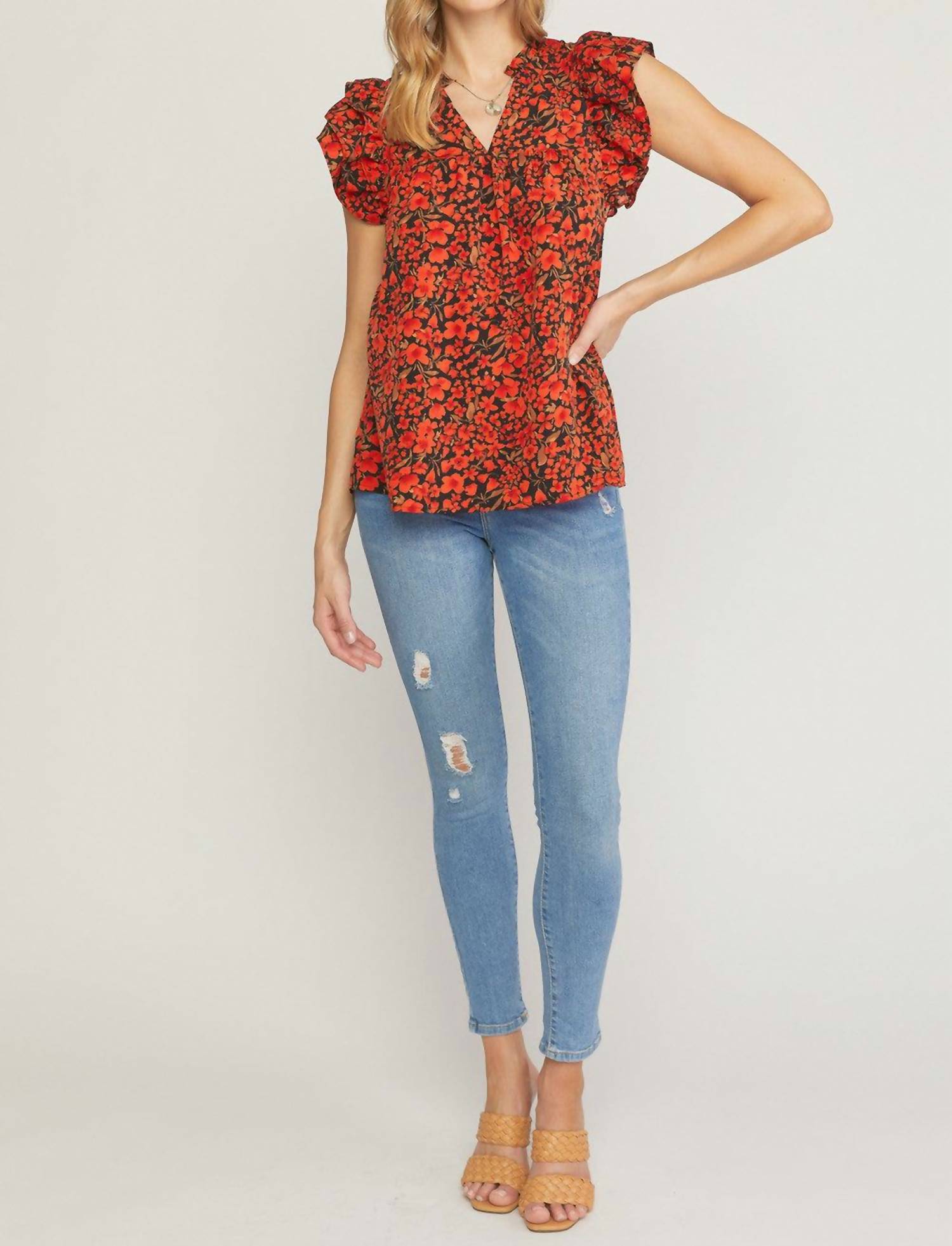 entro Floral Ruffle Sleeve Top in black - women's blouse - view 7