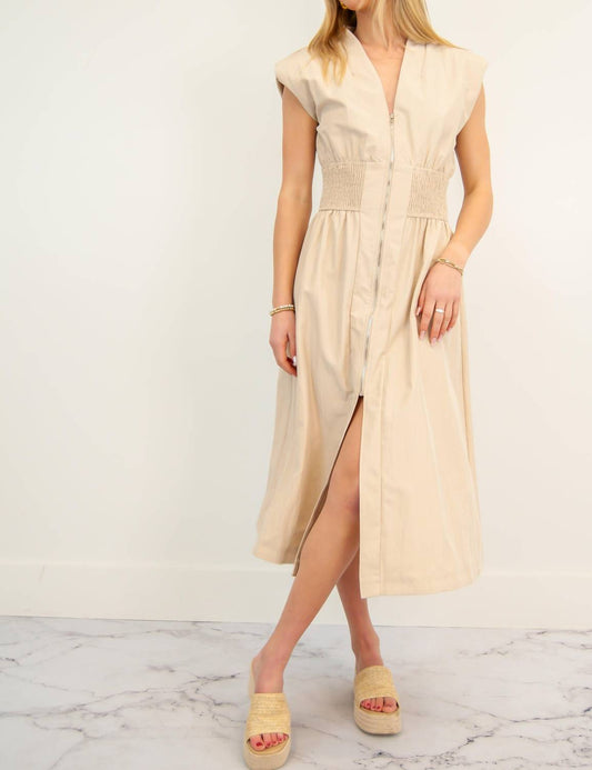 Glam - Madelyn Deep V Zipper Front Midi Dress