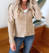 mystree Freckled Yarn Sweater Cardigan in latte - women's cardigan - detail view
