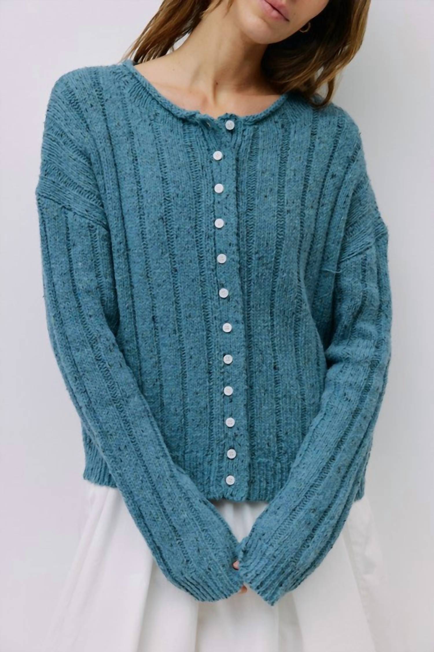 all : row Theodora Ribbed Cuffs Cardigan in blue hoc summer - women's cardigan