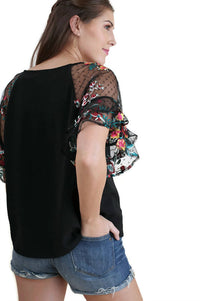 Umgee - Floral Embroidered Layered And Ruffled Sleeve Top