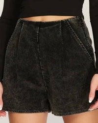 SHE + SKY High Rise Corduroy Shorts in black - women's shorts - detail view