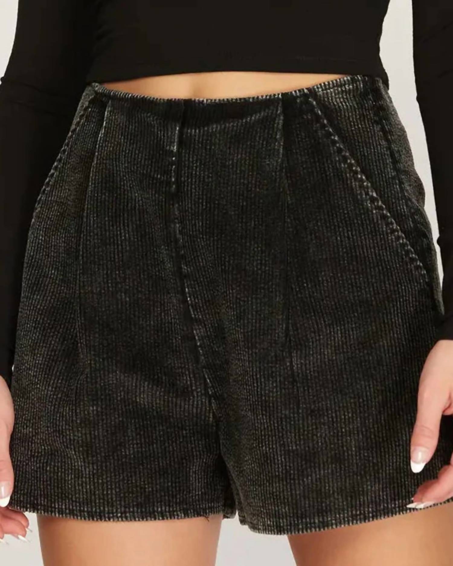 SHE + SKY High Rise Corduroy Shorts in black - women's shorts - detail view